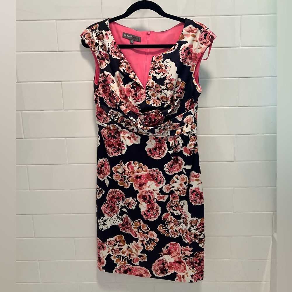 Donna Ricco Pink and Black Floral Midi Dress